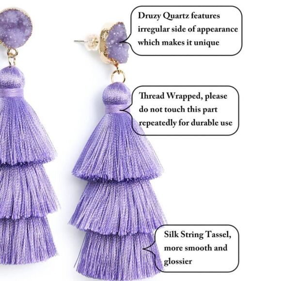 14K Yellow Gold with Lavender Silk Thread Tassel and Quartz Druzy Post Earrings - Picture 5 of 8